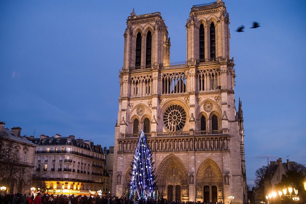 2017-12-16 18:21:43 epa06394144 An illuminated Christmas tree is erected in front of the Notre Dame Cathedral in Paris, France, 16 December 2017. After being cancelled in the past two years, since the November 2015 Paris attacks, the Notre-Dame cathedral forecourt is decorated with a Christmas tree again.  EPA/CHRISTOPHE PETIT TESSON